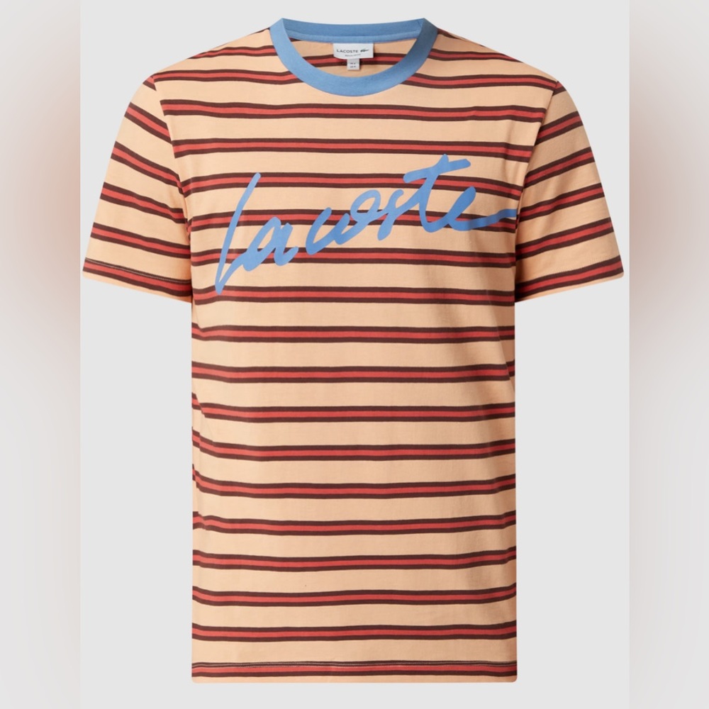 Lacoste mens Short Sleeve Striped with Lacoste Script T-Shirt